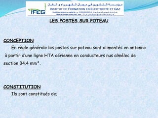 CONCEPTION
En règle générale les postes sur poteau sont alimentés en antenne
à partir d’une ligne HTA aérienne en conducteurs nus almélec de
section 34.4 mm².
LES POSTES SUR POTEAU
CONSTITUTION
Ils sont constitués de;
 