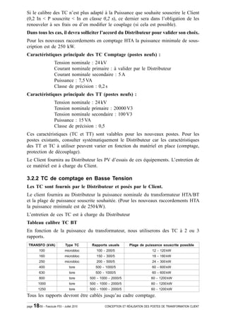 Si le calibre des TC n’est plus adapté à la Puissance que souhaite souscrire le Client
(0,2 In < P souscrite < In en classe 0,2 s), ce dernier sera dans l’obligation de les
renouveler à ses frais ou d’en modi¿er le couplage (si cela est possible).
Dans tous les cas, il devra solliciter l’accord du Distributeur pour valider son choix.
Pour les nouveaux raccordements en comptage HTA la puissance minimale de sous-
cription est de 250 kW.
Caractéristiques principale des TC Comptage (postes neufs) :
                       Tension nominale : 24 kV
                       Courant nominale primaire : à valider par le Distributeur
                       Courant nominale secondaire : 5 A
                       Puissance : 7,5 VA
                       Classe de précision : 0,2 s
Caractéristiques principale des TT (postes neufs) :
                       Tension nominale : 24 kV
                       Tension nominale primaire : 20000 V3
                       Tension nominale secondaire : 100 V3
                       Puissance : 15 VA
                       Classe de précision : 0,5
Ces caractéristiques (TC et TT) sont valables pour les nouveaux postes. Pour les
postes existants, consulter systématiquement le Distributeur car les caractéristiques
des TT et TC à utiliser peuvent varier en fonction du matériel en place (comptage,
protection de découplage).
Le Client fournira au Distributeur les PV d’essais de ces équipements. L’entretien de
ce matériel est à charge du Client.

3.2.2 TC de comptage en Basse Tension
Les TC sont fournis par le Distributeur et posés par le Client.
Le client fournira au Distributeur la puissance nominale du transformateur HTA/BT
et la plage de puissance souscrite souhaitée. (Pour les nouveaux raccordements HTA
la puissance minimale est de 250 kW).
L’entretien de ces TC est à charge du Distributeur
Tableau calibre TC BT
En fonction de la puissance du transformateur, nous utiliserons des TC à 2 ou 3
rapports.
 TRANSFO (kVA)                   Type TC       Rapports usuels        Plage de puissance souscrite possible
           100                  microbloc         100 - 200/5                        12 - 120 kW
           160                  microbloc         150 - 300/5                        18 - 180 kW
           250                  microbloc         200 - 500/5                        24 - 300 kW
           400                      tore         500 - 1000/5                        60 - 600 kW
           630                      tore         500 - 1000/5                        60 - 600 kW
           800                      tore      500 - 1000 - 2000/5                    60 - 1200 kW
          1000                      tore      500 - 1000 - 2000/5                    60 - 1200 kW
          1250                      tore      500 - 1000 - 2000/5                    60 - 1200 kW
Tous les rapports devront être cablés jusqu’au cadre comptage.

page   18/50 - Fascicule F53 - Juillet 2010            CONCEPTION ET RÉALISATION DES POSTES DE TRANSFORMATION CLIENT
 