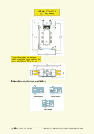 CR 141 500-1000/5
                                               500-1000-2000/5




Peuvent être en¿lés sur plusieurs
câbles en parallèle ou sur des jeux de
barres allant jusqu’à 100 x 40 mm.




Dispositions des bornes secondaires




page   40/50 - Fascicule F53 - Juillet 2010        CONCEPTION ET RÉALISATION DES POSTES DE TRANSFORMATION CLIENT
 