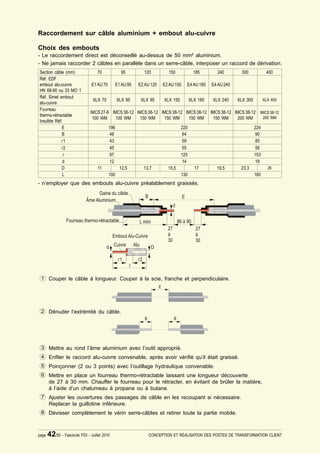 Raccordement sur câble aluminium + embout alu-cuivre

Choix des embouts
- Le raccordement direct est déconseillé au-dessus de 50 mm² aluminium.
- Ne jamais raccorder 2 câbles en parallèle dans un serre-câble, interposer un raccord de dérivation.
Section câble (mm)                 70              95         120         150             185       240         300            400
Réf. EDF
embout alu-cuivre               E1 AU 70         E1 AU 95   E2 AU 120   E2 AU 150   E4 AU 185     E4 AU 240
HN 68-90 ou 33 MO 1
Réf. Simel embout
                                 XLX 70          XLX 95      XLX 95     XLX 150         XLX 185   XLX 240     XLX 300         XLX 400
alu-cuivre
Fourreau
                               IMCS 27-6 IMCS 38-12 IMCS 38-12 IMCS 38-12 IMCS 38-12 IMCS 38-12 IMCS 38-12 IMCS 38-12
thermo-rétractable                                                                                          200 WM
                                100 WM    100 WM     150 WM     150 WM     150 WM     150 WM     200 WM
Insultite Réf.
              E                            196                                    220                                   224
              B                             48                                     64                                    90
             "1                             43                                     59                                    85
             "2                             45                                     55                                    56
              "                             97                                    125                                   153
              d                             12                                     14                                    18
              D                    11              12,5       13,7        15,5            17        19,5       23,3             26
              L                            100                                    130                                   160
- n’employer que des embouts alu-cuivre préalablement graissés.




 1 Couper le câble à longueur. Couper à la scie, franche et perpendiculaire.




 2 Dénuder l’extrémité du câble.




 3 Mettre au rond l’âme aluminium avec l’outil approprié.
 4 En¿ler le raccord alu-cuivre convenable, après avoir véri¿é qu’il était graissé.
 5 Poinçonner (2 ou 3 points) avec l’outillage hydraulique convenable.
 6 Mettre en place un fourreau thermo-rétractable laissant une longueur découverte
       de 27 à 30 mm. Chauffer le fourreau pour le rétracter, en évitant de brûler la matière,
       à l’aide d’un chalumeau à propane ou à butane.
 7 Ajuster les ouvertures des passages de câble en les recoupant si nécessaire.
       Replacer la guillotine inférieure.
 8 Dévisser complètement le vérin serre-câbles et retirer toute la partie mobile.



page   42/50 - Fascicule F53 - Juillet 2010                     CONCEPTION ET RÉALISATION DES POSTES DE TRANSFORMATION CLIENT
 