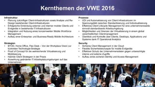 www.virtualworkplaceevolution.de
Kernthemen der VWE 2016
www.virtualworkplaceevolution.de
Infrastruktur
• Planung zukünftiger Client-Infrastrukturen sowie Analyse und Re-
Design bestehender Client-Infrastrukturen
• Erfolgreiche Einbindung externer und interner mobiler Clients und
Endgeräte in bestehende IT-Infrastrukturen
• Integration und Nutzung eines konzernweiten Mobile Workforce
Management
• Aufbau einer Enterprise- und Business-Ready Mobile Architecture
Prozesse
• VDI und Automatisierung von Client Infrastrukturen im
Spannungsfeld zwischen Standardisierung und Individualisierung
• Effektives Client Lifecycle Management für eine unternehmensweite
sinnvoll standardisierte Arbeitsumgebung
• Möglichkeiten und Grenzen der Virtualisierung in einem global
vereinheitlichten Clientmanagement
• Überblick und Kontrolle über Clients, Desktops, Applications und
Systeme dank IT Operational Analytics
Strategien
• BYOD, Home Office, Flex Desk – Von der Workplace Vision zur
konkreten Technologie-Strategie
• Proof of Concept für die weitreichende Virtualisierung und
Mobilisierung
• Hybride Client Strategien in der Praxis
• Auswirkung geänderter IT-Arbeitsplatzumgebungen auf das
Unternehmen
Security
• Sicheres Client Management in der Cloud
• Flexible Sicherheitskonzepte für mobile Endgeräte
• Effektiver Schutz der Unternehmensdaten gegen unberechtigte
interne und externe Zugriffe
• Aufbau eines sicheren Identity und Access Management
 