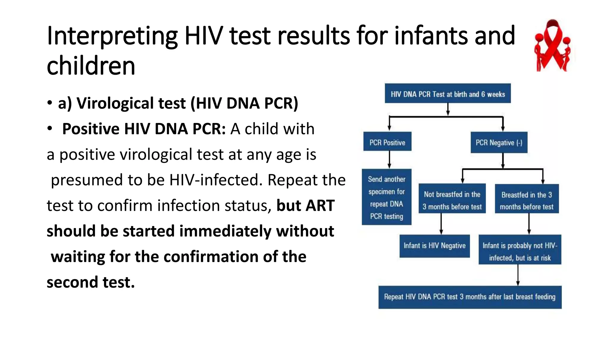 Interpreting HIV test results for infants and
children
• a) Virological test (HIV DNA PCR)
• Positive HIV DNA PCR: A child with
a positive virological test at any age is
presumed to be HIV-infected. Repeat the
test to confirm infection status, but ART
should be started immediately without
waiting for the confirmation of the
second test.
 