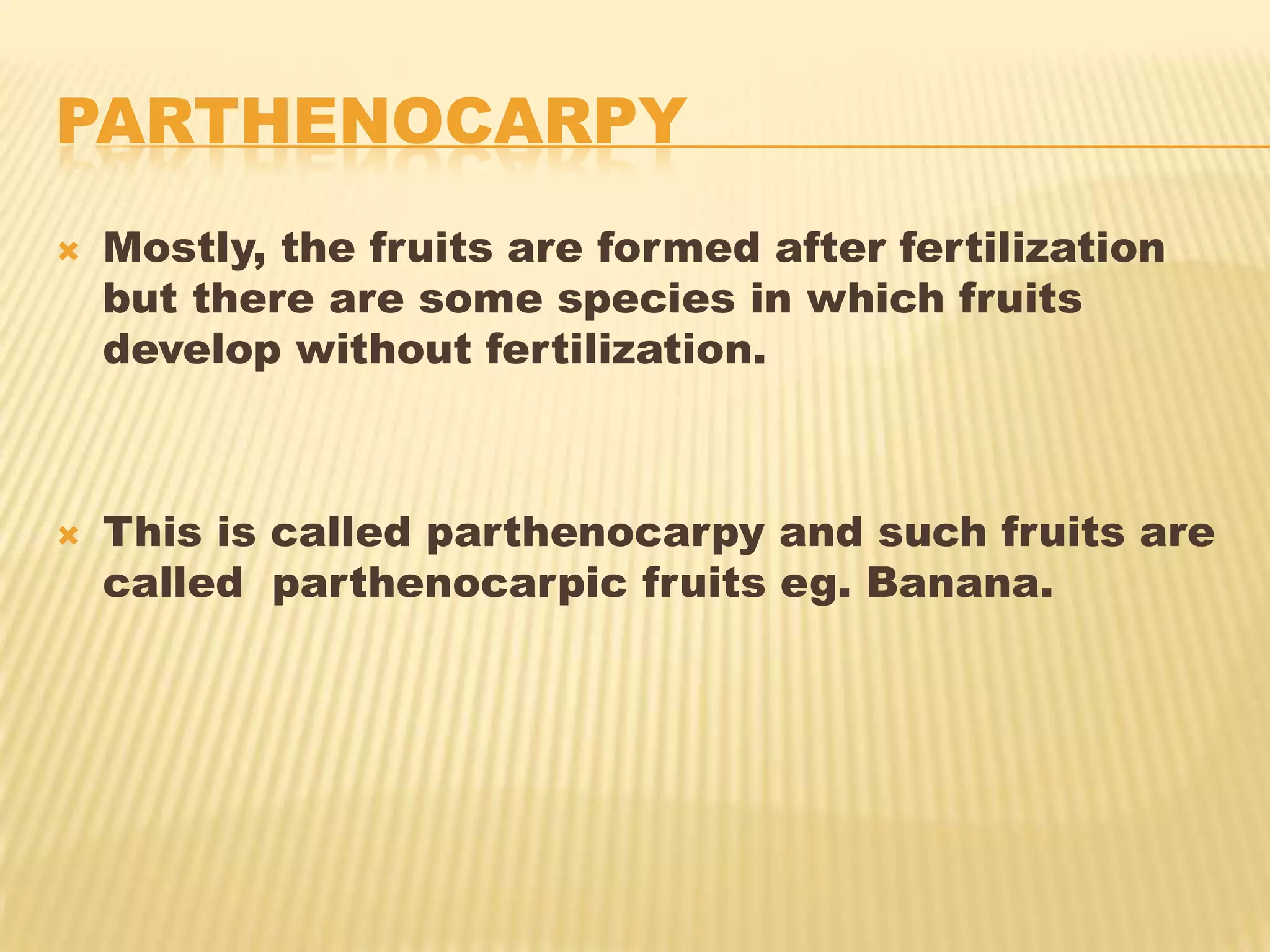 PARTHENOCARPY




Mostly, the fruits are formed after fertilization
but there are some species in which fruits
develop without fertilization.

This is called parthenocarpy and such fruits are
called parthenocarpic fruits eg. Banana.

 