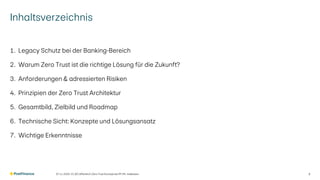 Inhaltsverzeichnis
1. Legacy Schutz bei der Banking-Bereich
2. Warum Zero Trust ist die richtige Lösung für die Zukunft?
3. Anforderungen & adressierten Risiken
4. Prinzipien der Zero Trust Architektur
5. Gesamtbild, Zielbild und Roadmap
6. Technische Sicht: Konzepte und Lösungsansatz
7. Wichtige Erkenntnisse
3
V1.00 | öffentlich | Zero Trust Konzept bei PF | Ph. Halbeisen
07.11.2025
 