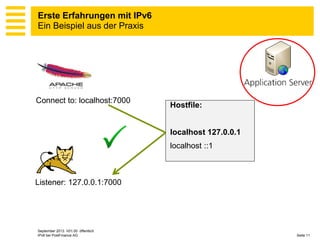 Erste Erfahrungen mit IPv6
Ein Beispiel aus der Praxis

Connect to: localhost:7000

Hostfile:

localhost 127.0.0.1
localhost ::1

Listener: 127.0.0.1:7000

September 2013 V01.00 öffentlich
IPv6 bei PostFinance AG

Seite 11

 