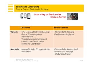 Technische Umsetzung
      Scan + Pay on Device oder Inhouse
               y

                                                    Scan + Pay on Device oder
                                                                   Inhouse Server
                                                                      ouse Se e



                  On Device                                           Inhouse Server

Vorteile          -CPU Leistung On Device benötigt
                   CPU                                                -Kleinere Fehlertoleranz
                                                                       Kleinere
                  -direkte Erkennung ohne                             -Geräteunabhängigkeit
                   Datentransfer
                  -Verarbeitungsgeschwindigkeit
                               gg           g
                  -Investitionsaufwand kleiner
                  -Feeling für User besser

Nachteile -Lösung für jedes OS eigenständig                           -Datenverkehr (Kosten User)
           entwickeln                                                 -Infrastruktur benötigt
                                                                       Wartungsaufwand
                                                                      -Wartungsaufwand

      07. November 2011, Aberla, Mobile Banking
      Mobile Banking bei PostFinance, Strategie und Umsetzung                                       Seite 24
 