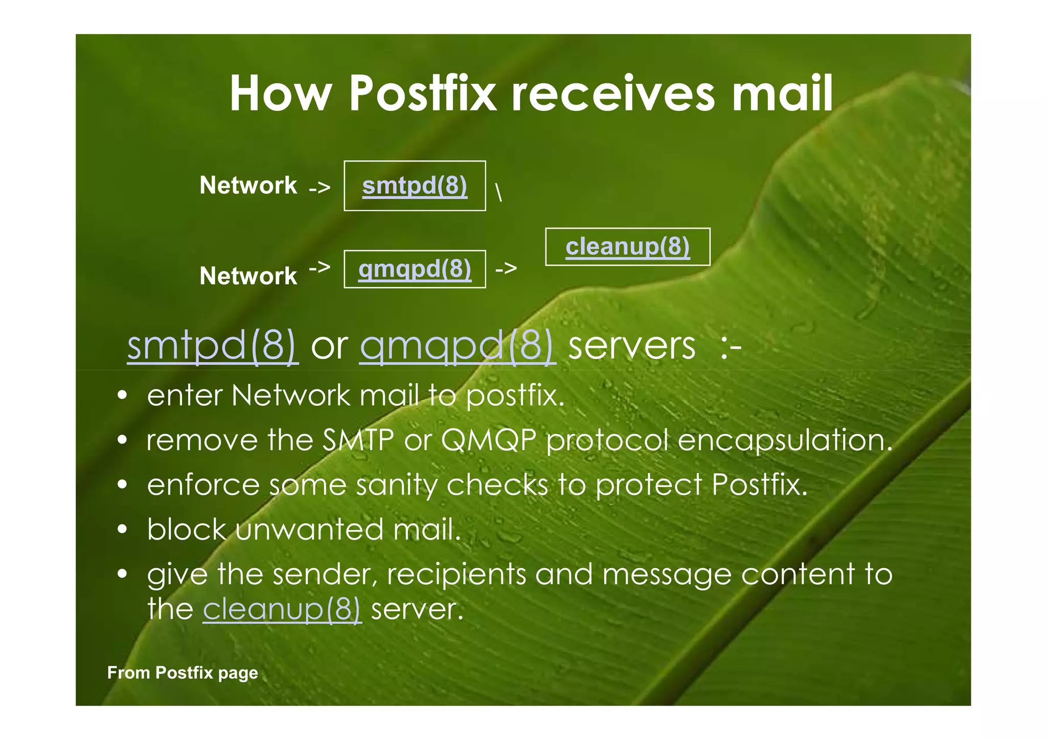 How Postfix receives mail
          Network ->   smtpd(8)   

                                      cleanup(8)
          Network ->   qmqpd(8) ->


  smtpd(8) or qmqpd(8) servers :-
•   enter Network mail to postfix.
•   remove the SMTP or QMQP protocol encapsulation.
•   enforce some sanity checks to protect Postfix.
•   block unwanted mail.
•   give the sender, recipients and message content to
    the cleanup(8) server.
From Postfix page
 
