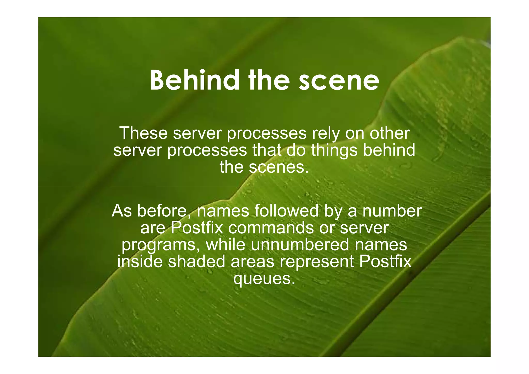 Behind the scene
 These server processes rely on other
server processes that do things behind
             the scenes.

As before, names followed by a number
   are Postfix commands or server
 programs, while unnumbered names
inside shaded areas represent Postfix
                queues.
 