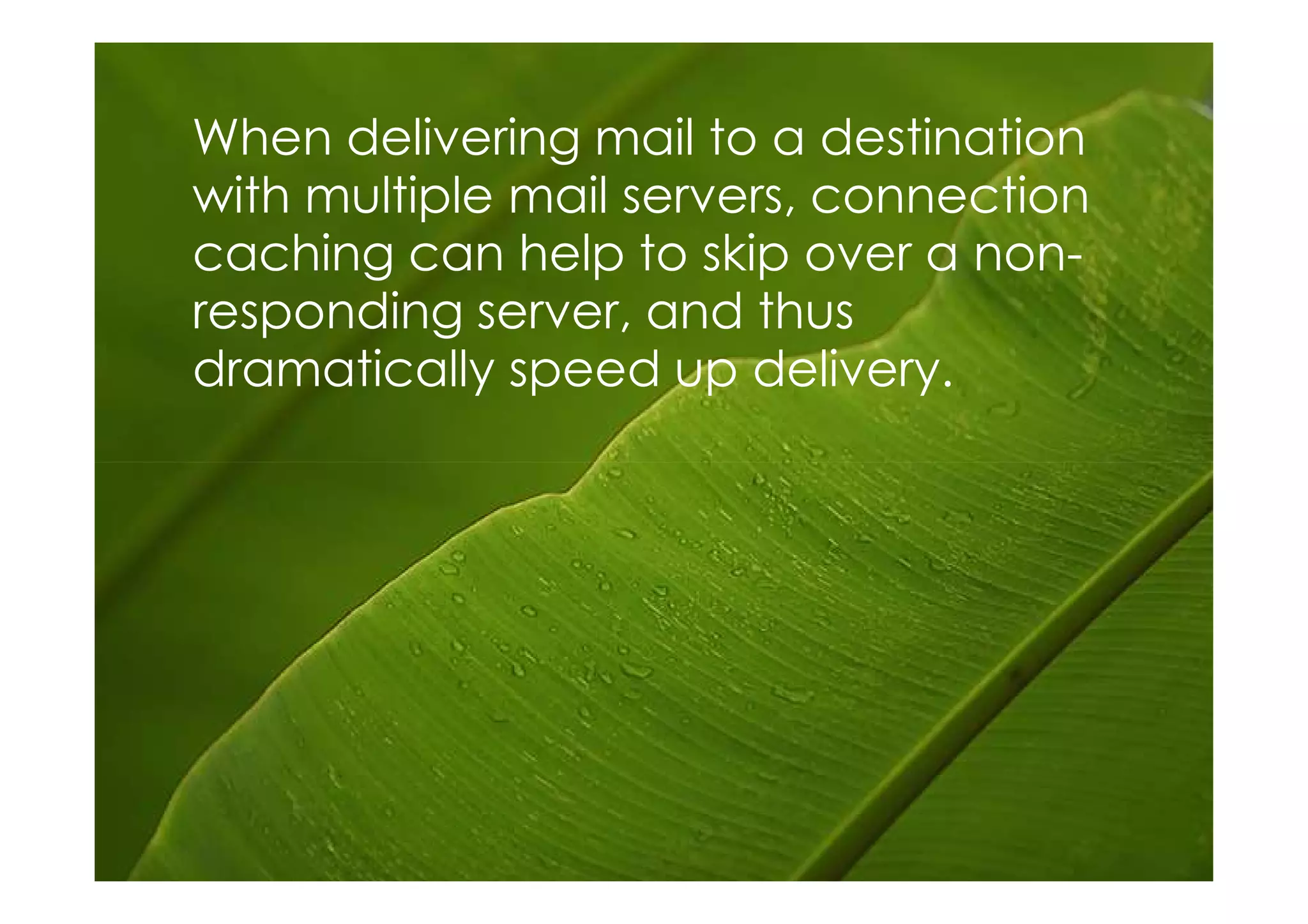 When delivering mail to a destination
with multiple mail servers, connection
caching can help to skip over a non-
responding server, and thus
dramatically speed up delivery.
 