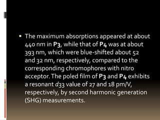  The maximum absorptions appeared at about
 440 nm in P3, while that of P4 was at about
 393 nm, which were blue-shifted about 52
 and 32 nm, respectively, compared to the
 corresponding chromophores with nitro
 acceptor. The poled film of P3 and P4 exhibits
 a resonant d33 value of 27 and 18 pm/V,
 respectively, by second harmonic generation
 (SHG) measurements.
 
