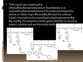  Then a post-azo coupling of p-
  ethylsulfonylbenzenediazonium fluoroborate or p-
  octylsulfonylbenzenediazonium fluoroborate toward the
  aniline or indole ring in P1 and P2 afforded the sulfonyl-
  based chromophore functionalized polyphosphazenes P3,
  P4, and P5. The polymers exhibit good solubility in common
  organic solvents and are thermally stable.
 