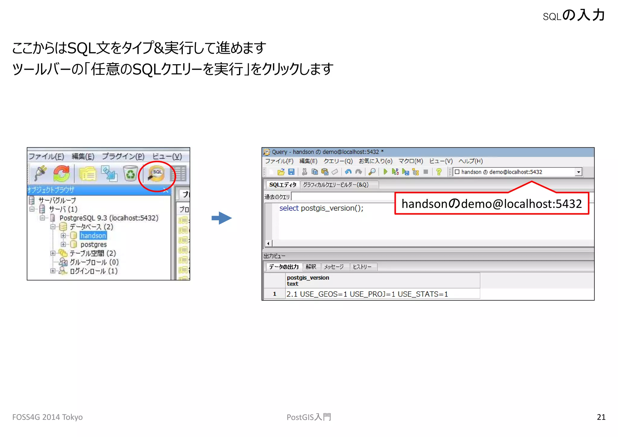 ここからはSQL文をタイプ&実行して進めます 
ツールバーの「任意のSQLクエリーを実行」をクリックします 
SQLの入力 
handsonのdemo@localhost:5432 
FOSS4G 2014 Tokyo PostGIS入門21 
 