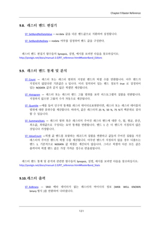 Chapter 9 Raster Reference

9.8. 래스터 밴드 편집기
ST_SetBandNoDataValue — no data 값을 다른 밴드값으로 치환하여 설정합니다.
ST_SetBandIsNoData — nodata 여부를 설정하여 밴드 값을 구성한다.

래스터 밴드 편집기 함수들의 Synopsis, 설명, 예시를 보려면 다음을 참조하십시오:
http://postgis.net/docs/manual-2.0/RT_reference.html#RasterBand_Editors

9.9. 래스터 밴드 통계 및 분석
ST_Count — 래스터 또는 래스터 범위의 지정된 밴드의 픽셀 수를 반환합니다. 아무 밴드가
지정되지 않았다면 기본값은 1 입니다. 미리 정의되어 있는 밴드 정보가 true 로 설정되어
있는 NODATA 값과 같지 않은 픽셀만 계산합니다.
ST_Histogram — 래스터 또는 래스터 밴드 그룹 범위를 요약 히스토그램의 집합을 반환합니다.
지정하지 않으면 그룹의 수가 자동으로 계산됩니다.
ST_Quantile —예를 들어 인구의 통계를 래스터 데이터로표현한다면, 래스터 또는 래스터 테이블의
범위에 대한 분위수를 계산합니다. 따라서, 값은 래스터의 25 %, 50 %, 75 %의 백분위로 검사
할 수 있습니다.
ST_SummaryStats — 래스터 범위 혹은 래스터의 주어진 래스터 밴드에 대한 수, 합, 평균, 분산,
최소값, 최대값으로 구성되는 요약 통계를 반환합니다. 밴드 1 은 더 밴드가 지정되지 않은
것입니다 가정합니다.
ST_ValueCount —픽셀 값 밴드를 포함하는 레코드의 집합을 변환하고 값들의 주어진 집합을 가진
래스터의 주어진 밴드의 픽셀 수를 계산합니다. 아무런 밴드가 지정되지 않을 경우 디폴트는
밴드 1. 기본적으로 NODATA 값 픽셀은 계산되지 않습니다. 그리고 픽셀의 다른 모든 값은
출력이며 픽셀 밴드 값은 가장 가까운 정수로 반올림됩니다.

래스터 밴드 통계 및 분석과 관련한 함수들의 Synopsis, 설명, 예시를 보려면 다음을 참조하십시오:
http://postgis.net/docs/manual-2.0/RT_reference.html#RasterBand_Stats

9.10. 래스터 출력
ST_AsBinary — SRID 메타 데이터가 없는 래스터의 바이너리 정보 (WKB: WELL KNOWN
binary 형식 )를 반환하여 나타냅니다.

１ １
２

 