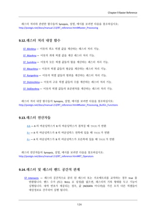 Chapter 9 Raster Reference

래스터 처리와 관련한 함수들의 Synopsis, 설명, 예시를 보려면 다음을 참조하십시오:
http://postgis.net/docs/manual-2.0/RT_reference.html#Raster_Processing

9.12. 래스터 처리 내장 함수
ST_Min4ma — 이웃의 최소 픽셀 값을 계산하는 래스터 처리 기능.
ST_Max4ma — 이웃의 최대 픽셀 값을 계산 래스터 처리 기능.
ST_Sum4ma — 이웃의 모든 픽셀 값들의 합을 계산하는 래스터 처리 기능.
ST_Mean4ma — 이웃의 픽셀 값들의 평균을 계산하는 래스터 처리 기능.
ST_Range4ma — 이웃의 픽셀 값들의 범위을 계산하는 래스터 처리 기능.
ST_Distinct4ma — 이웃의 고유 픽셀 값들의 수를 계산하는 래스터 처리 기능.
ST_StdDev4ma — 이웃의 픽셀 값들의 표준편차를 계산하는 래스터 처리 기능.

래스터 처리 내장 함수들의 Synopsis, 설명, 예시를 보려면 다음을 참조하십시오:
http://postgis.net/docs/manual-2.0/RT_reference.html#Raster_Processing_Builtin_Functions

9.13. 래스터 연산자들
&& — A 의 바운딩박스가 B 의 바운딩박스가 겹쳐질 때 TRUE 가 반환
&< — A 의 바운딩박스가 B 의 바운딩박스 왼쪽에 있을 때 TRUE 가 반환
&> — A 의 바운딩박스가 B 의 바운딩박스가 오른쪽에 있을 때 TRUE 가 반환

래스터 연산자들의 Synopsis, 설명, 예시를 보려면 다음을 참조하십시오:
http://postgis.net/docs/manual-2.0/RT_reference.html#RT_Operators

9.14. 래스터 및 래스터 밴드 공간적 관계
ST_Intersects — 래스터 공간적으로 분리 된 래스터 또는 지오메트리를 교차하는 경우 true 를
반환합니다. 밴드 수가 (또는 NULL 로 설정)를 없으면, 래스터의 기복 형태를 두고 기능이
실행됩니다. 대역 번호가 제공되는 경우, 값 (NODATA 아니라)을 가진 오직 다른 픽셀들이
대상정보로 간주되어 실행 됩니다.

１ ４
２

 