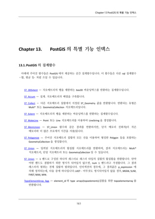 Chapter 13 PostGIS 의 특별 기능 인덱스

Chapter 13.

PostGIS 의 특별 기능 인덱스

13.1. PostGIS 의 집계함수
아래에 주어진 함수들은 PostGIS 에서 제공하는 공간 집계함수입니다. 이 함수들은 다른 sql 집계함수
–합, 평균 등- 처럼 쓰일 수 있습니다.

ST_3DExtent — 지오메트리의 행을 제한하는 box3D 바운딩박스를 반환하는 집계함수입니다.
ST_Accum — 집계. 지오메트리의 배열을 구축합니다.
ST_Collect – 다른 지오메트리 집합에서 지정된 ST_Geometry 값을 반환합니다. 반환되는 유형은
Multi* 또는 GeometryCollection 지오메트리입니다.
ST_Extent — 지오메트리의 행을 제한하는 바운딩박스를 반환하는 집계함수입니다.
ST_MakeLine — Point 또는 Line 지오메트리를 이용하여 LineString 을 생성합니다.
ST_MemUnion — ST_Union 함수와 같은 결과를 반환하지만, 단지 메모리 친화적(더 작은
메모리와 더 많은 프로세서 시간을 사용)입니다.
ST_Polygonize — 주어진 지오메트리 집합의 모든 선을 이용하여 형성한 Polygon 들을 포함하는
GeometryCollection 을 생성합니다.
ST_Union — 입력된 지오메트리의 합집합 지오메트리를 반환하며, 결과 지오메트리는 Multi*
지오메트리, 단일 지오메트리 또는 GeometryCollection 일 수 있습니다.
ST_Union — 1 밴드로 구성된 하나의 래스터로 래스터 타일의 집합의 합집합을 반환합니다. 만약
어떤 밴드도 결합하기 위한 명시가 되어있지 않으면, num 1 밴드라고 가정합니다. 그 결과
래스터의 범위는 전체 집합의 범위입니다. 인터섹션의 경우에, 그 결과값은 p_expression 에
의해 정의되는데, 다음 중에 하나입니다: LAST - 아무것도 명시되어있지 않을 경우, MEAN, SUM,
FIRST, MAX, MIN.
TopoElementArray_Agg — element_id 와 type arrays(topoelements)집합을 위한 topoelementarray 를
반환합니다.

１ １
６

 