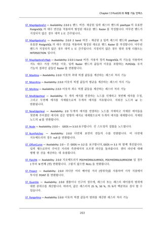 Chapter 13 PostGIS 의 특별 기능 인덱스

ST_MapAlgebraFct — Availability: 2.0.0 1 밴드 버전- 제공된 입력 래스터 밴드와 pixeltype 의 유효한
PostgreSQL 의 대수 연산을 적용하여 형성된 새로운 밴드 Raster 를 작성합니다. 아무런 밴드가
지정되지 않은 경우 대역 1 로 간주됩니다..
ST_MapAlgebraFct — Availability: 2.0.0 2 band 버전 - 제공된 2 입력 래스터 밴드와 pixeltype 의
유효한 PostgreSQL 의 대수 연산을 적용하여 형성된 새로운 밴드 Raster 를 작성합니다. 아무런
밴드가 지정되지 않은 경우 대역 1 로 간주됩니다. 지정되지 않은 경우 범위 유형 디폴트는
INTERSECTION 입니다.
ST_MapAlgebraFctNgb — Availability: 2.0.0 1-band 버전: 사용자 정의 PostgreSQL 의 기능을 사용하여
지도 대수 가장 가까운 이웃. 입력 Raster 밴드의 값들의 이웃을 포함하는 PLPGSQL 유저
기능의 결과인 값들인 Raster 를 반환합니다.
ST_Max4ma — Availability: 2.0.0 이웃의 최대 픽셀 값들을 계산하는 래스터 처리 기능
ST_Mean4ma — Availability: 2.0.0 이웃의 픽셀 값들의 평균을 계산하는 래스터 처리 기능
ST_Min4ma — Availability: 2.0.0 이웃의 최소 픽셀 값들을 계산하는 래스터 처리 기능
ST_ModEdgeHeal — Availability: 두 개의 에지를 연결하는 노드를 삭제하고 첫번째 에지를 수정,
그리고 두번째 에지를 삭제함으로써 두개의 에지를 치유합니다. 지워진 노드의 id 는
반환됩니다.
ST_NewEdgeHeal — Availability: 2.0 두개의 에지를 연결하는 노드를 삭제하고 삭제된 에지들을
첫번째 주어졌던 에지와 같은 방향의 에지로 대체함으로써 두개의 에지를 대체합니다. 삭제된
노드의 id 를 반환합니다.
ST_Node — Availability: 2.0.0 – GEOS >= 3.3.0 요구합니다. 선 스트링의 집합을 노드합니다.
ST_NumPatches — Availability: 2.0.0 다면체 표면의 면들의 수를 반환합니다. 비 다면체
지오메트리의 경우 null 을 반환합니다.
ST_OffsetCurve — Availability: 2.0 – 은 GEOS >= 3.2 을 요구합니다, GEOS >= 3.3 와 함께 개선됩니다.
입력 행으로부터 주어진 거리와 측면에서의 오프셋 라인을 돌려줍니다. 센터 라인에 대해
평행 한 선을 계산하는 데 유용합니다.
ST_PatchN — Availability: 2.0.0 지오메트리가 POLYHEDRALSURFACE, POLYHEDRALSURFACEM 일 경우
1 부터 N 번째 (면) 반환합니다. 그렇지 않으면 NULL 을 반환합니다.
ST_Project — Availability: 2.0.0 라디안 미터 베어링 거리 (방위각)를 사용하여 시작 지점에서
투사된 POINT 를 반환합니다.
ST_Quantile — Availability: 2.0.0 샘플이나 인구의 경우에, 래스터 또는 래스터 테이블의 범위에
대한 분위수를 계산합니다. 따라서, 값은 래스터의 25 %, 50 %, 75 %의 백분위로 검사 할 수
있습니다.
ST_Range4ma — Availability: 2.0.0 이웃의 픽셀 값들의 범위를 계산한 래스터 처리 기능

２ ３
０

 