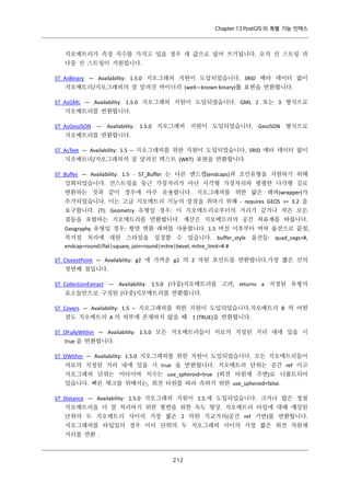 Chapter 13 PostGIS 의 특별 기능 인덱스

지오메트리가 측정 치수를 가지고 있을 경우 새 값으로 덮어 쓰기됩니다. 오직 선 스트링 과
다중 선 스트링이 지원됩니다.
ST_AsBinary — Availability: 1.5.0 지오그래피 지원이 도입되었습니다. SRID 메타 데이터 없이
지오메트리/지오그래피의 잘 알려진 바이너리 (well—known binary)를 표현을 반환합니다.
ST_AsGML — Availability: 1.5.0 지오그래피 지원이 도입되었습니다. GML 2 또는 3 형식으로
지오메트리를 반환합니다.
ST_AsGeoJSON — Availability: 1.5.0 지오그래피 지원이 도입되었습니다. GeoJSON 형식으로
지오메트리를 반환합니다.
ST_AsText — Availability: 1.5 – 지오그래피를 위한 지원이 도입되었습니다. SRID 메타 데이터 없이
지오메트리/지오그래피의 잘 알려진 텍스트 (WKT) 표현을 반환합니다.
ST_Buffer — Availability: 1.5 - ST_Buffer 는 다른 엔드캡(endcaps)과 조인유형을 지원하기 위해
강화되었습니다. 선스트링을 둥근 가장자리가 아닌 사각형 가장자리와 평평한 다각형 길로
변환하는 것과 같이 경우에 아주 유용합니다. 지오그래피를 위한 얇은 래퍼(wrapper)가
추가되었습니다. 이는 고급 지오메트리 기능의 장점을 취하기 위해 - requires GEOS >= 3.2 을
요구합니다. (T): Geometry 유형일 경우: 이 지오메트리로부터의 거리가 같거나 작은 모든
점들을 포함하는 지오메트리를 반환합니다. 계산은 지오메트리의 공간 좌표계를 따릅니다.
Geography 유형일 경우: 평면 변환 래퍼를 사용합니다. 1.5 버전 이후부터 버퍼 옵션으로 끝점,
꼭지점 처리에 대한 스타일을 설정할 수 있습니다. buffer_style 옵션들: quad_segs=#,
endcap=round|flat|square, join=round|mitre|bevel, mitre_limit=#.#
ST_ClosestPoint — Availability: g2 에 가까운 g2 의 2 차원 포인트를 반환합니다.가장 짧은 선의
첫번째 점입니다.
ST_CollectionExtract — Availability: 1.5.0 (다중)지오메트리를 고려, returns a 지정된 유형의
요소들만으로 구성된 (다중)지오메트리를 반환합니다.
ST_Covers — Availability: 1.5 – 지오그래피를 위한 지원이 도입되었습니다.지오메트리 B 의 어떤
점도 지오메트리 A 의 외부에 존재하지 않을 때 1 (TRUE)을 반환합니다.
ST_DFullyWithin — Availability: 1.5.0 모든 지오메트리들이 서로의 지정된 거리 내에 있을 시
true 을 반환합니다.
ST_DWithin — Availability: 1.5.0 지오그래피를 위한 지원이 도입되었습니다. 모든 지오메트리들이
서로의 지정된 거리 내에 있을 시 true 을 반환합니다. 지오메트리 단위는 공간 ref 이고
지오그래피 단위는 미터이며 치수는 use_spheroid=true (회전 타원체 주변)로 디폴트되어
있습니다. 빠른 체크를 위해서는, 회전 타원를 따라 측하기 위한 use_spheroid=false.
ST_Distance — Availability: 1.5.0 지오그래피 지원이 1.5.에 도입되었습니다. 크거나 많은 정점
지오메트리을 더 잘 처리하기 위한 평면을 위한 속도 향상. 지오메트리 타입에 대해 예상된
단위의 두 지오메트리 사이의 가장 짧은 2 차원 직교거리(공간 ref 기반)를 반환합니다.
지오그래피를 타입입의 경우 미터 단위의 두 지오그래피 사이의 가장 짧은 회전 차원체
거리를 반환 .

２ ２
１

 