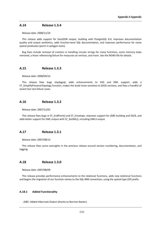 Appendix A Appendix

A.14

Release 1.3.4

Release date: 2008/11/24
This release adds support for GeoJSON output, building with PostgreSQL 8.4, improves documentation
quality and output aesthetics, adds function-level SQL documentation, and improves performance for some
spatial predicates (point-in-polygon tests).
Bug fixes include removal of crashers in handling circular strings for many functions, some memory leaks
removed, a linear referencing failure for measures on vertices, and more. See the NEWS file for details.

A.15

Release 1.3.3

Release date: 2008/04/12
This release fixes bugs shp2pgsql, adds enhancements to SVG and KML support, adds a
ST_SimplifyPreserveTopology function, makes the build more sensitive to GEOS versions, and fixes a handful of
severe but rare failure cases.

A.16

Release 1.3.2

Release date: 2007/12/01
This release fixes bugs in ST_EndPoint() and ST_Envelope, improves support for JDBC building and OS/X, and
adds better support for GML output with ST_AsGML(), including GML3 output.

A.17

Release 1.3.1

Release date: 2007/08/13
This release fixes some oversights in the previous release around version numbering, documentation, and
tagging.

A.18

Release 1.3.0

Release date: 2007/08/09
This release provides performance enhancements to the relational functions, adds new relational functions
and begins the migration of our function names to the SQL-MM convention, using the spatial type (SP) prefix.

A.18.1

Added Functionality

. JDBC: Added Hibernate Dialect (thanks to Norman Barker)

２ ５
３

 