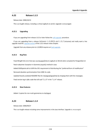 Appendix A Appendix

A.22

Release 1.1.5

Release date: 2006/10/13
This is an bugfix release, including a critical segfault on win32. Upgrade is encouraged.

A.22.1

Upgrading

If you are upgrading from release 1.0.3 or later follow the soft upgrade procedure.
If you are upgrading from a release between 1.0.0RC6 and 1.0.2 (inclusive) and really want a live
upgrade read the upgrade section of the 1.0.3 release notes chapter.
Upgrade from any release prior to 1.0.0RC6 requires an hard upgrade.

A.22.2

Bug fixes

Fixed MingW link error that was causing pgsql2shp to segfault on Win32 when compiled for PostgreSQL 8.2
fixed nullpointer Exception in Geometry.equals() method in Java
Added EJB3Spatial.odt to fulfill the GPL requirement of distributing the "preferred form of modification"
Removed obsolete synchronization from JDBC Jts code.
Updated heavily outdated README files for shp2pgsql/pgsql2shp by merging them with the manpages.
Fixed version tag in jdbc code that still said "1.1.3" in the "1.1.4" release.

A.22.3

New Features

Added -S option for non-multi geometries to shp2pgsql

A.23

Release 1.1.4

Release date: 2006/09/27
This is an bugfix release including some improvements in the Java interface. Upgrade is encouraged.

２ ８
３

 