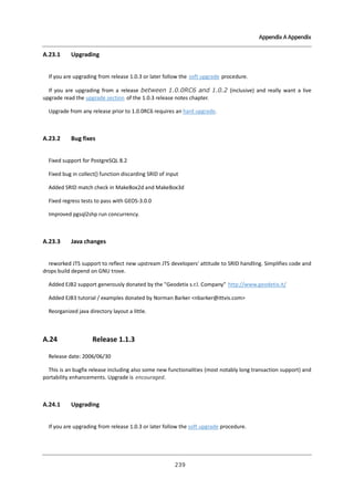 Appendix A Appendix

A.23.1

Upgrading

If you are upgrading from release 1.0.3 or later follow the soft upgrade procedure.
If you are upgrading from a release between 1.0.0RC6 and 1.0.2 (inclusive) and really want a live
upgrade read the upgrade section of the 1.0.3 release notes chapter.
Upgrade from any release prior to 1.0.0RC6 requires an hard upgrade.

A.23.2

Bug fixes

Fixed support for PostgreSQL 8.2
Fixed bug in collect() function discarding SRID of input
Added SRID match check in MakeBox2d and MakeBox3d
Fixed regress tests to pass with GEOS-3.0.0
Improved pgsql2shp run concurrency.

A.23.3

Java changes

reworked JTS support to reflect new upstream JTS developers' attitude to SRID handling. Simplifies code and
drops build depend on GNU trove.
Added EJB2 support generously donated by the "Geodetix s.r.l. Company" http://www.geodetix.it/
Added EJB3 tutorial / examples donated by Norman Barker <nbarker@ittvis.com>
Reorganized java directory layout a little.

A.24

Release 1.1.3

Release date: 2006/06/30
This is an bugfix release including also some new functionalities (most notably long transaction support) and
portability enhancements. Upgrade is encouraged.

A.24.1

Upgrading

If you are upgrading from release 1.0.3 or later follow the soft upgrade procedure.

２ ９
３

 