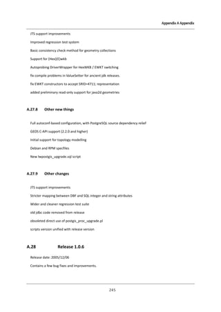 Appendix A Appendix

JTS support improvements
Improved regression test system
Basic consistency check method for geometry collections
Support for (Hex)(E)wkb
Autoprobing DriverWrapper for HexWKB / EWKT switching
fix compile problems in ValueSetter for ancient jdk releases.
fix EWKT constructors to accept SRID=4711; representation
added preliminary read-only support for java2d geometries

A.27.8

Other new things

Full autoconf-based configuration, with PostgreSQL source dependency relief
GEOS C-API support (2.2.0 and higher)
Initial support for topology modelling
Debian and RPM specfiles
New lwpostgis_upgrade.sql script

A.27.9

Other changes

JTS support improvements
Stricter mapping between DBF and SQL integer and string attributes
Wider and cleaner regression test suite
old jdbc code removed from release
obsoleted direct use of postgis_proc_upgrade.pl
scripts version unified with release version

A.28

Release 1.0.6

Release date: 2005/12/06
Contains a few bug fixes and improvements.

２ ５
４

 