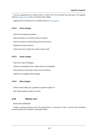 Appendix A Appendix

If you are upgrading from a release between 1.0.0RC6 and 1.0.2 (inclusive) and really want a live upgrade
read the upgrade section of the 1.0.3 release notes chapter.
Upgrade from any release prior to 1.0.0RC6 requires an hard upgrade.

A.29.2

Library changes

Fixed memory alignment problems
Fixed computation of null values fraction in analyzer
Fixed a small bug in the getPoint4d_p() low-level function
Speedup of serializer functions
Fixed a bug in force_3dm(), force_3dz() and force_4d()

A.29.3

Loader changes

Fixed return code of shp2pgsql
Fixed back-compatibility issue in loader (load of null shapefiles)
Fixed handling of trailing dots in dbf numerical attributes
Segfault fix in shp2pgsql (utf8 encoding)

A.29.4

Other changes

Schema aware postgis_proc_upgrade.pl, support for pgsql 7.2+
New "Reporting Bugs" chapter in manual

A.30

Release 1.0.4

Release date: 2005/09/09
Contains important bug fixes and a few improvements. In particular, it fixes a memory leak preventing
successful build of GiST indexes for large spatial tables.

２ ７
４

 