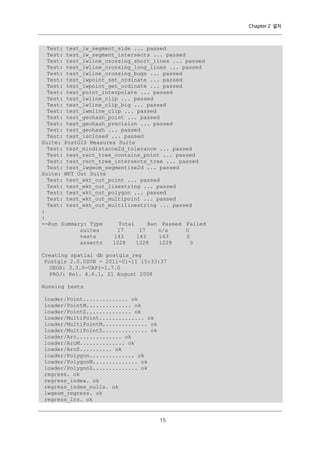Chapter 2 설치

Test: test_lw_segment_side ... passed
Test: test_lw_segment_intersects ... passed
Test: test_lwline_crossing_short_lines ... passed
Test: test_lwline_crossing_long_lines ... passed
Test: test_lwline_crossing_bugs ... passed
Test: test_lwpoint_set_ordinate ... passed
Test: test_lwpoint_get_ordinate ... passed
Test: test_point_interpolate ... passed
Test: test_lwline_clip ... passed
Test: test_lwline_clip_big ... passed
Test: test_lwmline_clip ... passed
Test: test_geohash_point ... passed
Test: test_geohash_precision ... passed
Test: test_geohash ... passed
Test: test_isclosed ... passed
Suite: PostGIS Measures Suite
Test: test_mindistance2d_tolerance ... passed
Test: test_rect_tree_contains_point ... passed
Test: test_rect_tree_intersects_tree ... passed
Test: test_lwgeom_segmentize2d ... passed
Suite: WKT Out Suite
Test: test_wkt_out_point ... passed
Test: test_wkt_out_linestring ... passed
Test: test_wkt_out_polygon ... passed
Test: test_wkt_out_multipoint ... passed
Test: test_wkt_out_multilinestring ... passed
:
:
--Run Summary: Type
Total
Ran Passed Failed
suites
17
17
n/a
0
tests
143
143
143
0
asserts
1228
1228
1228
0
Creating spatial db postgis_reg
Postgis 2.0.0SVN - 2011-01-11 15:33:37
GEOS: 3.3.0-CAPI-1.7.0
PROJ: Rel. 4.6.1, 21 August 2008
Running tests
loader/Point.............. ok
loader/PointM.............. ok
loader/PointZ.............. ok
loader/MultiPoint.............. ok
loader/MultiPointM.............. ok
loader/MultiPointZ.............. ok
loader/Arc.............. ok
loader/ArcM.............. ok
loader/ArcZ.......... ok
loader/Polygon.............. ok
loader/PolygonM.............. ok
loader/PolygonZ.............. ok
regress. ok
regress_index. ok
regress_index_nulls. ok
lwgeom_regress. ok
regress_lrs. ok

１
５

 