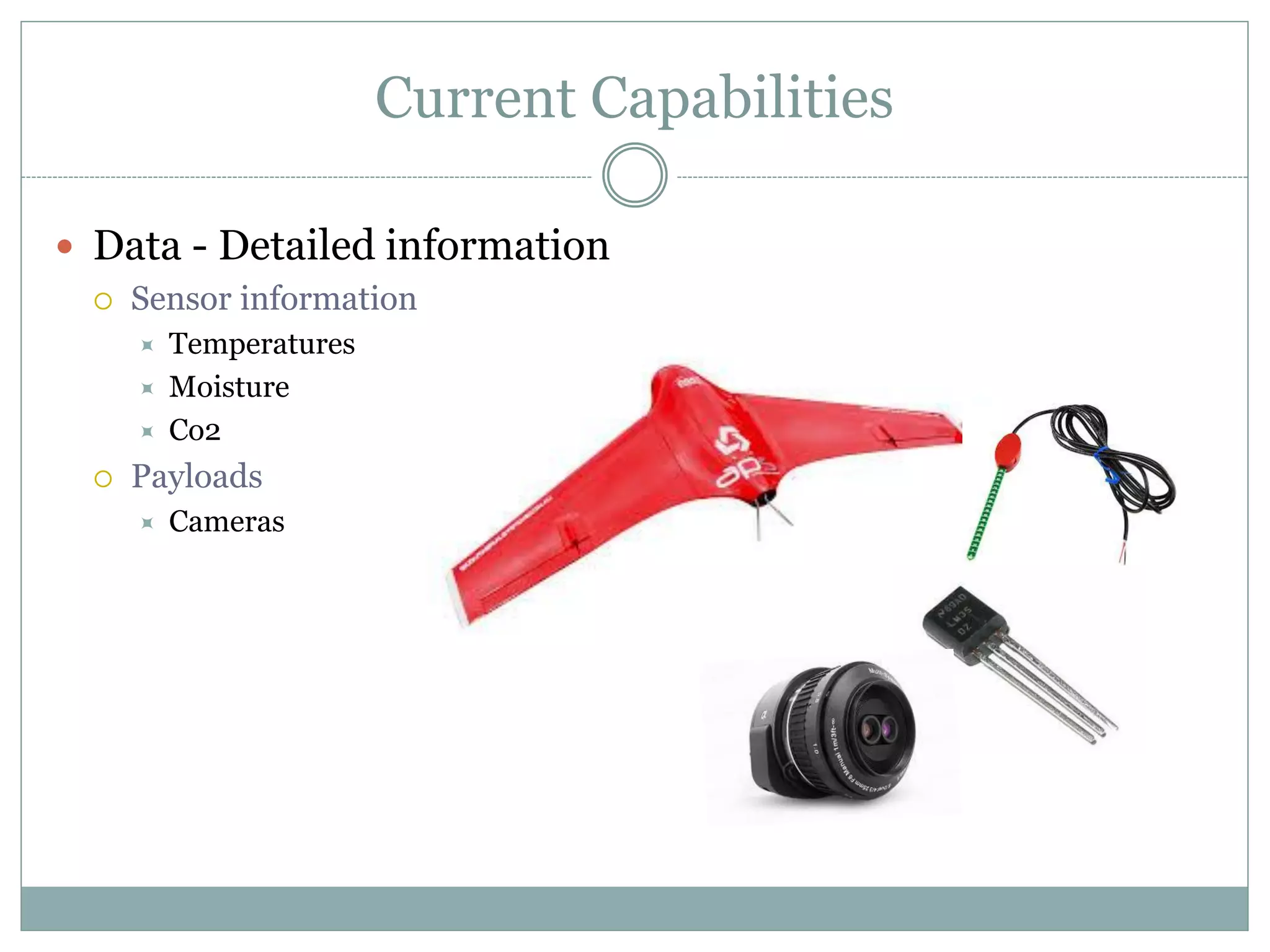 Current Capabilities
 Data - Detailed information
 Sensor information
 Temperatures
 Moisture
 Co2
 Payloads
 Cameras
 
