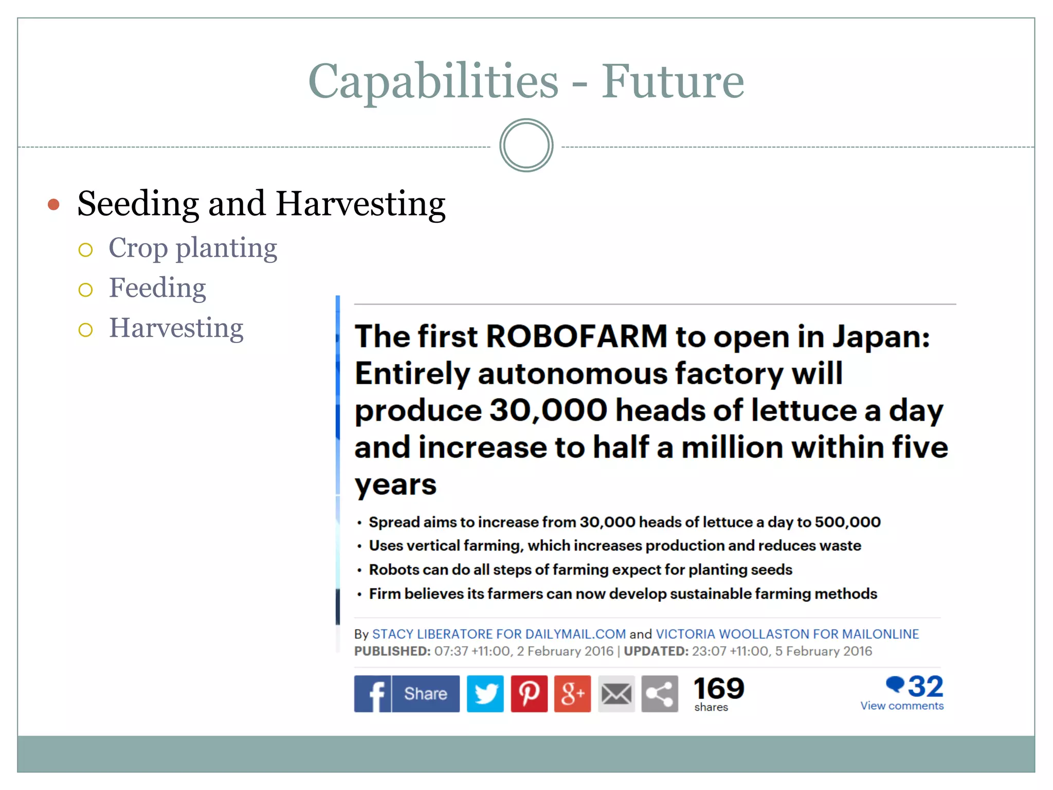 Capabilities - Future
 Seeding and Harvesting
 Crop planting
 Feeding
 Harvesting
 