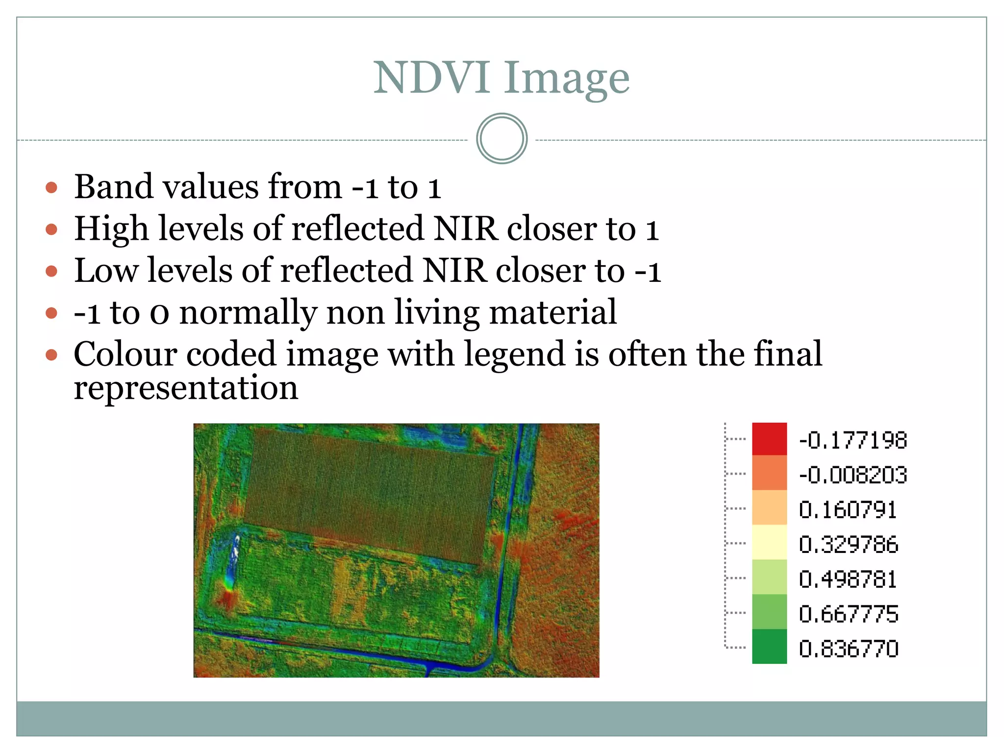NDVI Image
 Band values from -1 to 1
 High levels of reflected NIR closer to 1
 Low levels of reflected NIR closer to -1
 -1 to 0 normally non living material
 Colour coded image with legend is often the final
representation
 