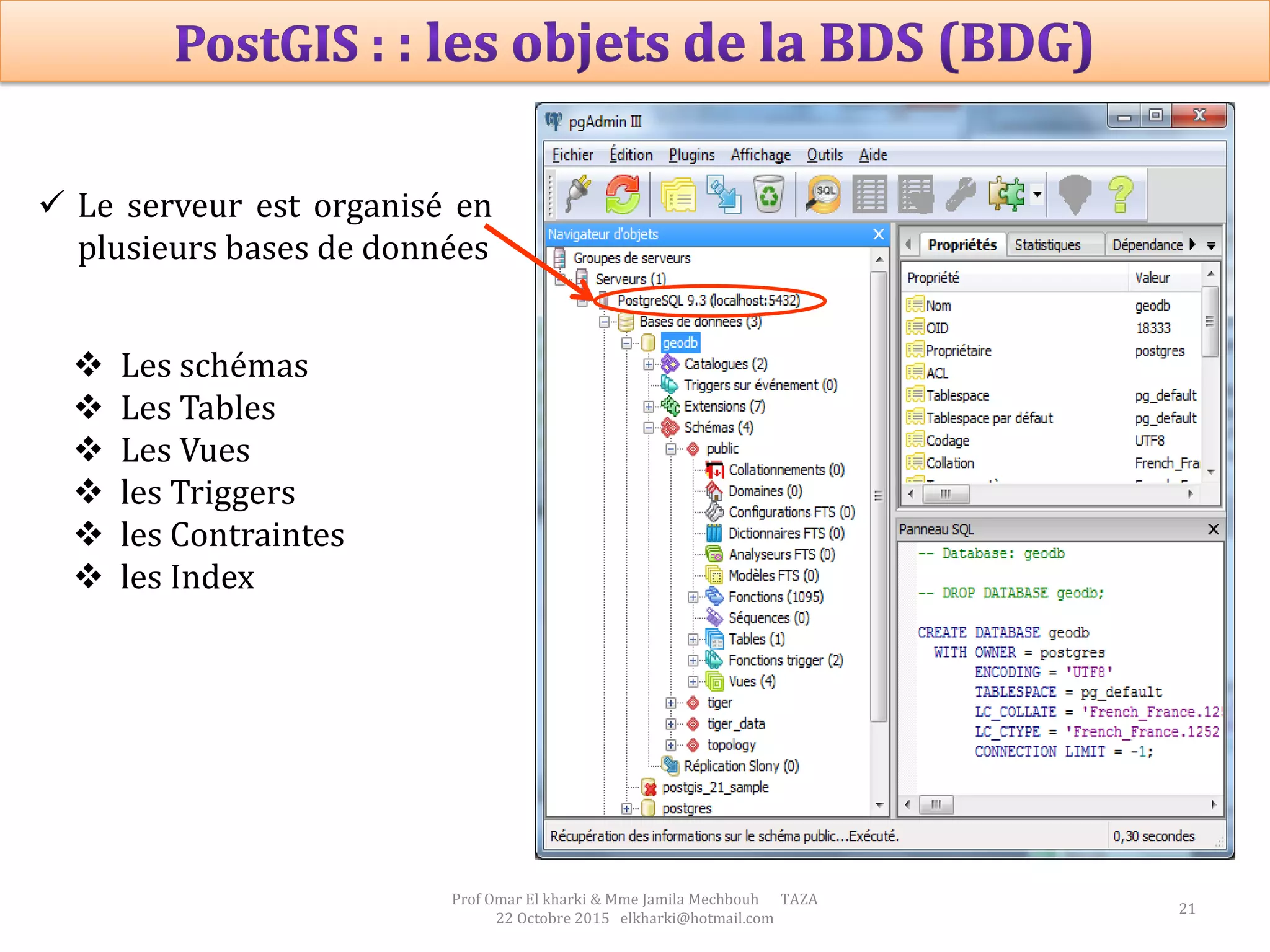 21
Prof Omar El kharki & Mme Jamila Mechbouh TAZA
22 Octobre 2015 elkharki@hotmail.com
 Le serveur est organisé en
plusieurs bases de données
 Les schémas
 Les Tables
 Les Vues
 les Triggers
 les Contraintes
 les Index
 