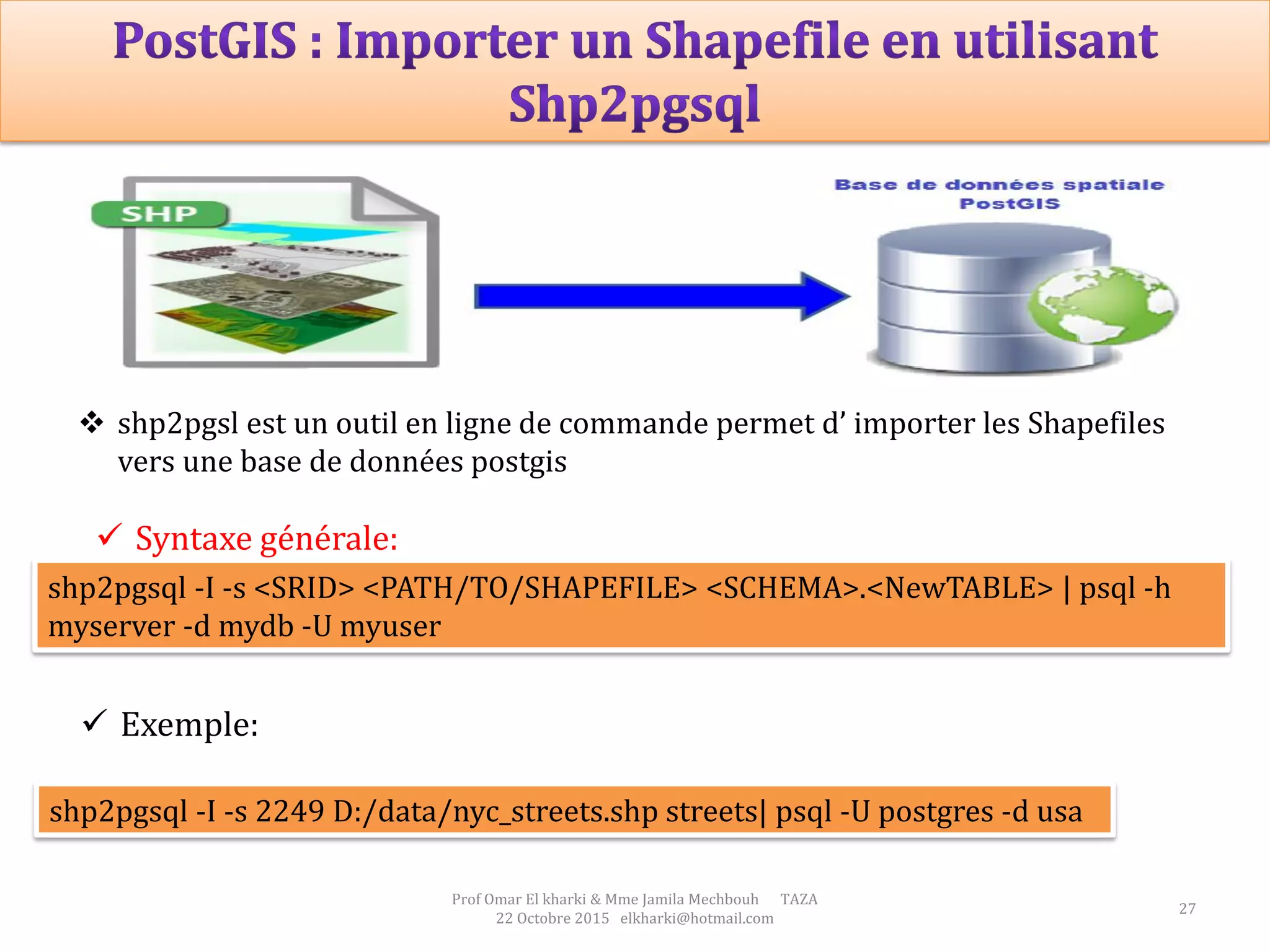 27
Prof Omar El kharki & Mme Jamila Mechbouh TAZA
22 Octobre 2015 elkharki@hotmail.com
 shp2pgsl est un outil en ligne de commande permet d’ importer les Shapefiles
vers une base de données postgis
shp2pgsql -I -s <SRID> <PATH/TO/SHAPEFILE> <SCHEMA>.<NewTABLE> | psql -h
myserver -d mydb -U myuser
 Syntaxe générale:
shp2pgsql -I -s 2249 D:/data/nyc_streets.shp streets| psql -U postgres -d usa
 Exemple:
 