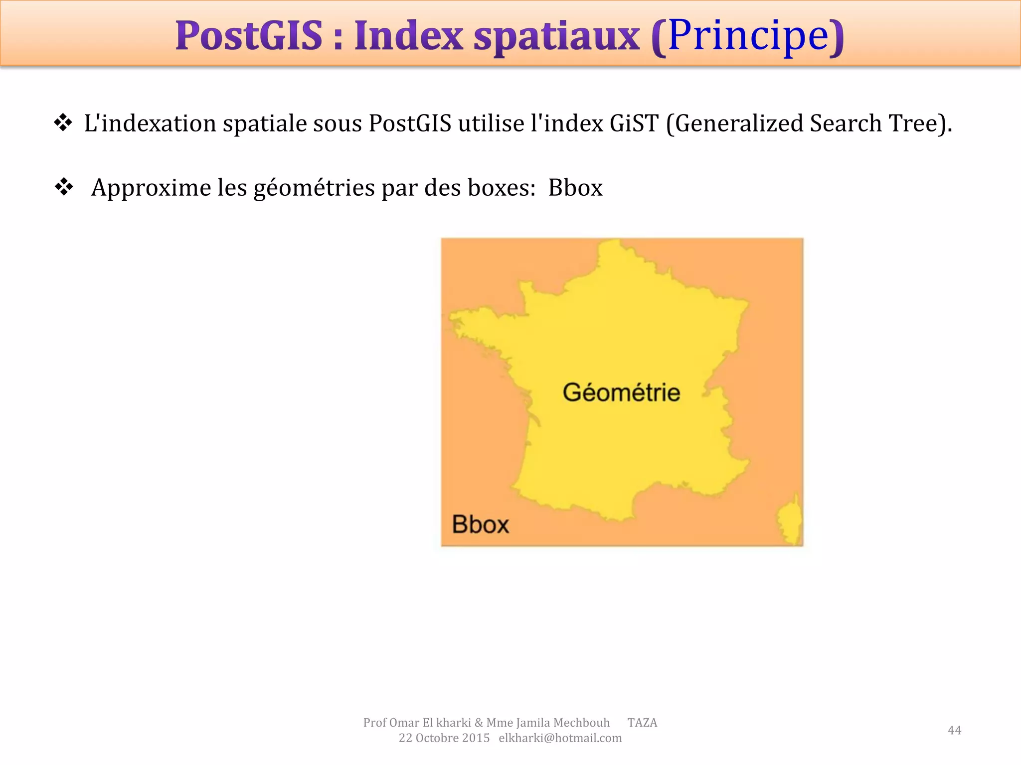 Prof Omar El kharki & Mme Jamila Mechbouh TAZA
22 Octobre 2015 elkharki@hotmail.com
44
 L'indexation spatiale sous PostGIS utilise l'index GiST (Generalized Search Tree).
 Approxime les géométries par des boxes: Bbox
Principe
 