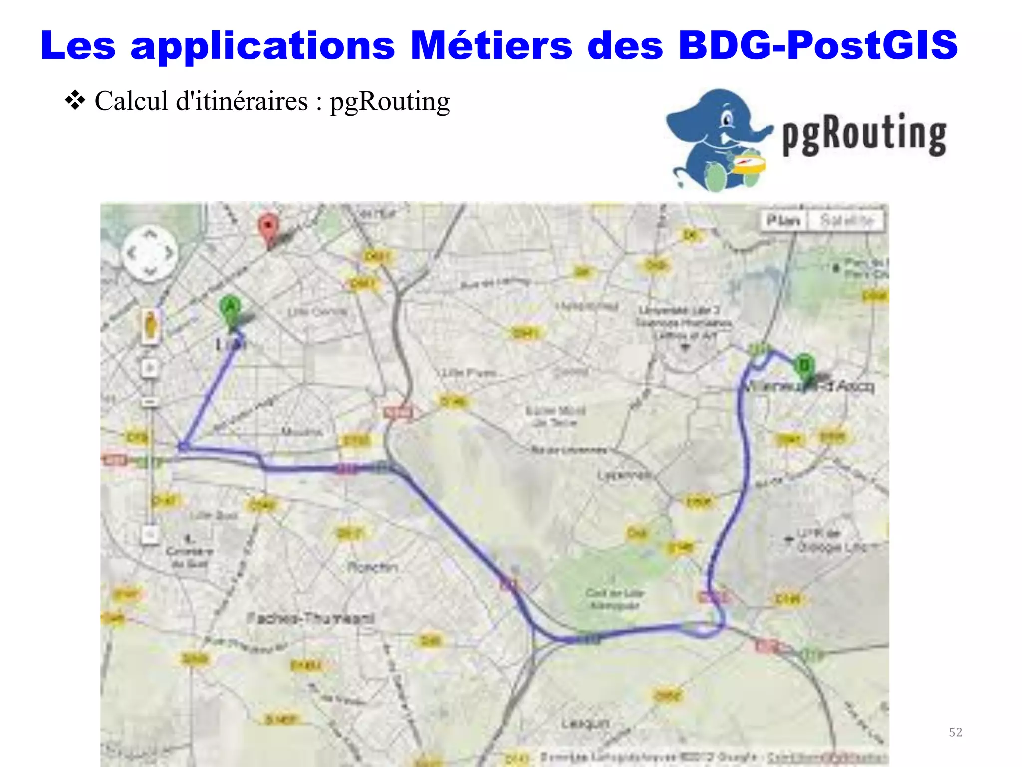 Prof Omar El kharki & Mme Jamila Mechbouh TAZA
22 Octobre 2015 elkharki@hotmail.com
52
 Calcul d'itinéraires : pgRouting
Les applications Métiers des BDG-PostGIS
 