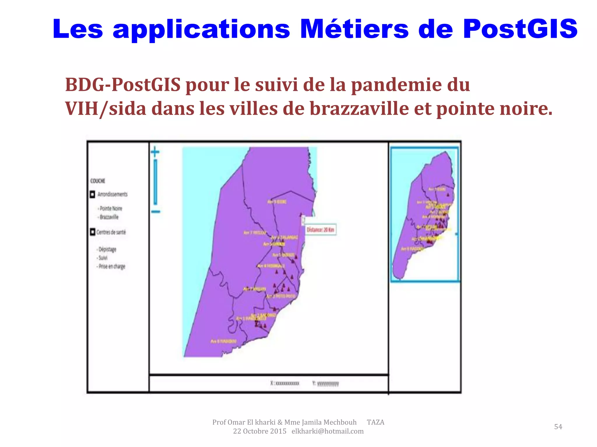 Prof Omar El kharki & Mme Jamila Mechbouh TAZA
22 Octobre 2015 elkharki@hotmail.com
54
Les applications Métiers de PostGIS
BDG-PostGIS pour le suivi de la pandemie du
VIH/sida dans les villes de brazzaville et pointe noire.
 