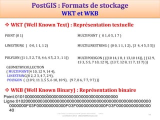 16
Prof Omar El kharki & Mme Jamila Mechbouh TAZA
22 Octobre 2015 elkharki@hotmail.com
 WKT (Well Known Text) : Représentation textuelle
 WKB (Well Known Binary) : Représentation binaire
POINT (0 1) MULTIPOINT ( 0 1, 0 5, 1 7 )
LINESTRING ( 0 0, 1 1, 1 2) MULTILINESTRING ( (0 0, 1 1, 1 2) , (3 4, 4 5, 5 5))
MULTIPOLYGON ( ((10 14,1 8, 1 13,10 14)), ( (12 9,
13 3, 5 5, 7 10, 12 9), (13 7, 12 8, 11 7, 13 7) ))
POLYGON ((1 1, 5 2, 7 8, 4 6, 4 5, 2 3 , 1 1))
GEOMETRYCOLLECTION
( MULTIPOINT(4 10, 12 9, 14 4),
LINESTRING(8 2, 2 3, 4 7, 2 9),
POLYGON ( (10 9, 11 3, 5 5, 6 10, 10 9), (9 7, 8 6, 7 7, 9 7) ))
 