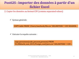 24
Prof Omar El kharki & Mme Jamila Mechbouh TAZA
22 Octobre 2015 elkharki@hotmail.com
2. Copier les données au format CSV (comma separated values)
 Exécuter la requête suivante :
copy personnes(code_per,nom,prenom) FROM
'D:/Elkharki_mai_2015/Postgis_conf/pers.csv' DELIMITERS ';' CSV ;
COPY table FROM '/Users/macbook/file.csv' DELIMITERS ',' CSV HEADER;
 Syntaxe générale:
 