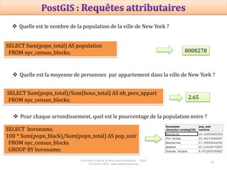 30
Prof Omar El kharki & Mme Jamila Mechbouh TAZA
22 Octobre 2015 elkharki@hotmail.com
 Quelle est le nombre de la population de la ville de New York ?
SELECT Sum(popn_total) AS population
FROM nyc_census_blocks; 8008278
 Quelle est la moyenne de personnes par appartement dans la ville de New York ?
SELECT Sum(popn_total)/Sum(hous_total) AS nb_pers_appart
FROM nyc_census_blocks; 2.65
 Pour chaque arrondissement, quel est le pourcentage de la population noire ?
SELECT boroname,
100 * Sum(popn_black)/Sum(popn_total) AS pop_noir
FROM nyc_census_blocks
GROUP BY boroname;
 