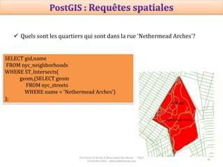 36
Prof Omar El kharki & Mme Jamila Mechbouh TAZA
22 Octobre 2015 elkharki@hotmail.com
 Quels sont les quartiers qui sont dans la rue 'Nethermead Arches'?
SELECT gid,name
FROM nyc_neighborhoods
WHERE ST_Intersects(
geom,(SELECT geom
FROM nyc_streets
WHERE name = 'Nethermead Arches')
);
 