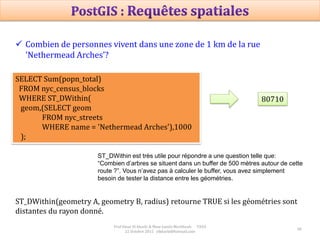 38
Prof Omar El kharki & Mme Jamila Mechbouh TAZA
22 Octobre 2015 elkharki@hotmail.com
 Combien de personnes vivent dans une zone de 1 km de la rue
'Nethermead Arches’?
SELECT Sum(popn_total)
FROM nyc_census_blocks
WHERE ST_DWithin(
geom,(SELECT geom
FROM nyc_streets
WHERE name = 'Nethermead Arches'),1000
);
80710
ST_DWithin(geometry A, geometry B, radius) retourne TRUE si les géométries sont
distantes du rayon donné.
ST_DWithin est très utile pour répondre a une question telle que:
“Combien d’arbres se situent dans un buffer de 500 mètres autour de cette
route ?”. Vous n’avez pas à calculer le buffer, vous avez simplement
besoin de tester la distance entre les géométries.
 
