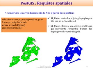 39
Prof Omar El kharki & Mme Jamila Mechbouh TAZA
22 Octobre 2015 elkharki@hotmail.com
 Construire les arrondissements de NYC a partir des quartiers
select boroname,st_union(geom) as geom
from nyc_neighborhoods
where st_isvalid(geom)
group by boroname
;
 ST_Union: unie des objets géographiques
liés par un même attribut
 ST_Union: Renvoie un objet géométrique
qui représente l’ensemble d’union des
objets géométriques désignés
 
