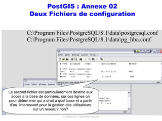 Prof Omar El kharki & Mme Jamila Mechbouh TAZA
22 Octobre 2015 elkharki@hotmail.com
64
PostGIS : Annexe 02
Deux Fichiers de configuration
 
