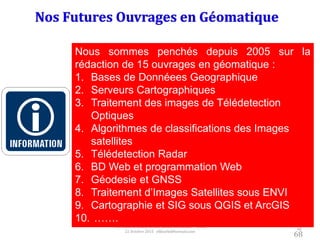 68
Prof Omar El kharki & Mme Jamila Mechbouh TAZA
22 Octobre 2015 elkharki@hotmail.com
68
Nous sommes penchés depuis 2005 sur la
rédaction de 15 ouvrages en géomatique :
1. Bases de Donnéees Geographique
2. Serveurs Cartographiques
3. Traitement des images de Télédetection
Optiques
4. Algorithmes de classifications des Images
satellites
5. Télédetection Radar
6. BD Web et programmation Web
7. Géodesie et GNSS
8. Traitement d’Images Satellites sous ENVI
9. Cartographie et SIG sous QGIS et ArcGIS
10. …….
 