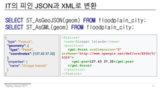 PgDay Seoul 2017
IT? ?? JSON? XML? ??
33
SELECT ST_AsGeoJSON(geom) FROM floodplain_city;
SELECT ST_AsGML(geom) FROM floodplain_city;
{
"type": "Feature",
"geometry": {
"type": "Point",
"coordinates": [127.43 37.32]
},
"properties": {
"name": "Dinagat Islands"
}
}
<Feature>
<name>Dinagat Islands</name>
<position>
<gml:Point srsDimension="2"
srsName="http://www.opengis.net/def/crs/EPSG/0/
4326">
<gml:pos>127.43 37.32</gml:pos>
</gml:Point>
</position>
</Feature>
 