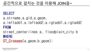 PgDay Seoul 2017
????? ??? ?? ??? JOIN?~
35
SELECT
a.strname,a.gid,a.geom,
a.leftadd1,a.leftadd2,a.rgtadd1,a.rgtadd2
FROM
street_centerlines a, floodplain_city b
WHERE
ST_Crosses(a.geom,b.geom);
 