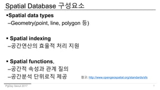PgDay Seoul 2017
Spatial Database ????
7
?Spatial data types
CGeometry(point, line, polygon ?)
? Spatial indexing
C????? ??? ?? ??
? Spatial functions,
C??? ??? ?? ??
C???? ???? ?? ??: http://www.opengeospatial.org/standards/sfs
 