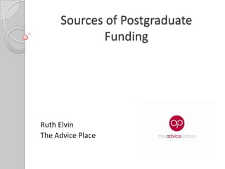 Sources of Postgraduate
Funding

Ruth Elvin
The Advice Place

 