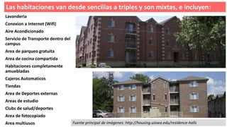Lavanderia
Conexion a Internet (Wifi)
Aire Acondicionado
Servicio de Transporte dentro del
campus
Area de parqueo gratuita
Area de cocina compartida
Habitaciones completamente
amuebladas
Cajeros Automaticos
Tiendas
Area de Deportes externas
Areas de estudio
Clubs de salud/deportes
Area de fotocopiado
Area multiusos Fuente principal de imágenes: http://housing.uiowa.edu/residence-halls
Las habitaciones van desde sencillas a triples y son mixtas, e incluyen:
 