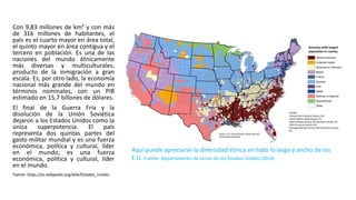 Con 9,83 millones de km² y con más
de 316 millones de habitantes, el
país es el cuarto mayor en área total,
el quinto mayor en área contigua y el
tercero en población. Es una de las
naciones del mundo étnicamente
más diversas y multiculturales,
producto de la inmigración a gran
escala. Es, por otro lado, la economía
nacional más grande del mundo en
términos nominales, con un PIB
estimado en 15,7 billones de dólares.
El final de la Guerra Fría y la
disolución de la Unión Soviética
dejaron a los Estados Unidos como la
única superpotencia. El país
representa dos quintas partes del
gasto militar mundial y es una fuerza
económica, política y cultural, líder
en el mundo; es una fuerza
económica, política y cultural, líder
en el mundo.
Fuente: https://es.wikipedia.org/wiki/Estados_Unidos
Aquí puede apreciarse la diversidad étnica en todo lo largo y ancho de los
E.U. Fuente: Departamento de Censo de los Estados Unidos (2010)
 