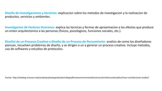 Diseño de Investigaciones y Servicios: explicacion sobre los metodos de investigacion y la realizacion de
productos, servicios y ambientes.
Investigacion de Factores Humanos: explica las tecnicas y formas de aproximacion a los efectos que produce
un enten arquitectonico a las personas (fisicos, psicologicos, funciones sociales, etc.).
Diseñoi de un Proceso Creativo y Diseño de un Proceso de Pensamiento: analisis de como los diseñadores
piensan, resuelven problemas de diseño, y se dirigen a un a generar un proceso creativo. Incluye metodos,
uso de softwares y estudios de protocolos.
Fuente: http://catalog.missouri.edu/undergraduategraduate/collegeofhumanenvironmentalsciences/architecturalstudies/minor-architectural-studies/
 